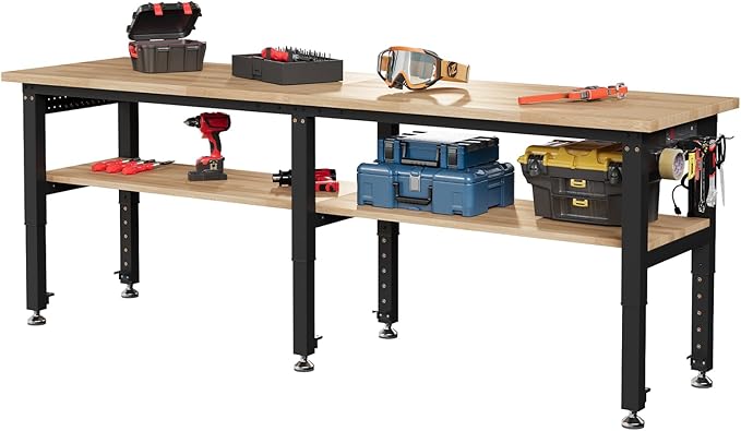 SPECRAFT Adjustable 2-Tier Workbench with 4 AC Outlet and 2 USB Ports Power Outlets, 2000 Lbs Capacity Heavy Duty Workbench, Rubber Wood Top for Garage, Workshop, Office（96x20in）