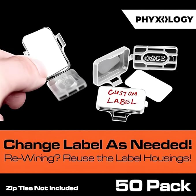 Heavy Duty Zip Tie Labels for Cables and Cords, 50Pk. Durable, Protective Box Attaches to Zip Ties for Cord and Cable Organization. Best Reusable Wire Management Ties. Includes Easy Write Inserts