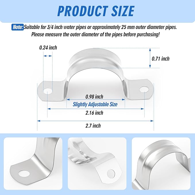 100 Pcs 1 Inch Pipe Strap Stainless Steel Conduit Clamp Reinforced Rigid 2 Hole U Bracket for Pipe Fixing on Various Surfaces