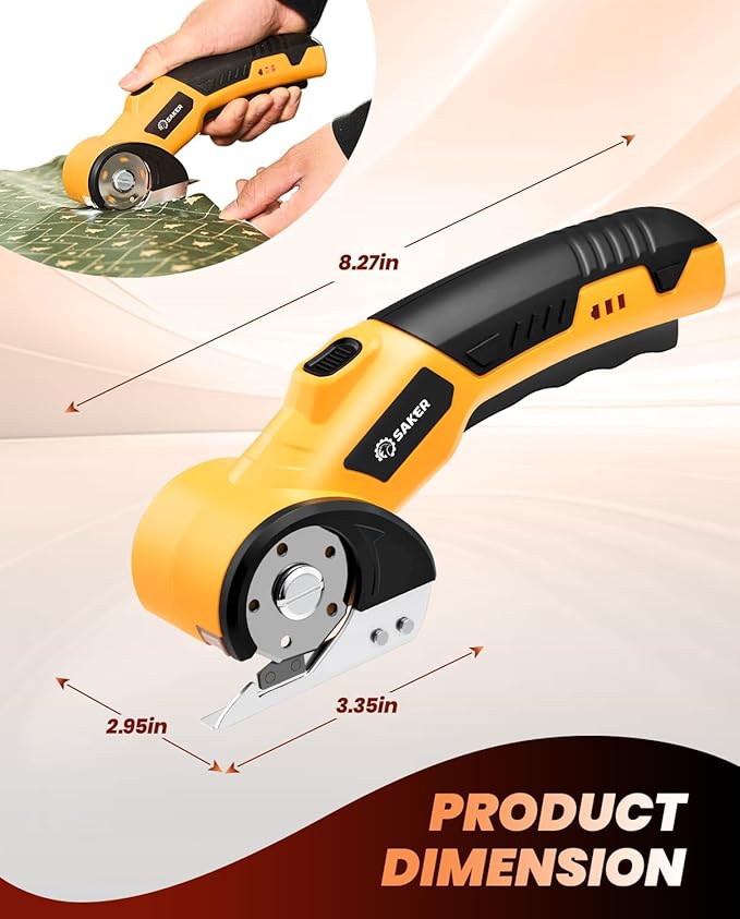 Saker Cordless Electric Scissors,Cardboard Box Cutter,4V Rechargeable Rotary Cutter with Safety Lock & LED Light,Cardboard Cutter for Cutting of Fabric, Leather, Carpet, Plastic, and More(2 Blades)