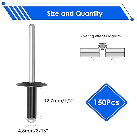 smseace 3/16" x 1/2" Rivets 150 Pcs Black Large Flange Rivets 4.8 x 12mm Black Rivets