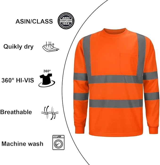 High Visibility Class 3 T Shirts，Hi Vis Safety Shirts with Reflective Strips and Pocket, Long Sleeve Quick Dry Mesh Construction Work Shirt for Men/Women Orange,3XL