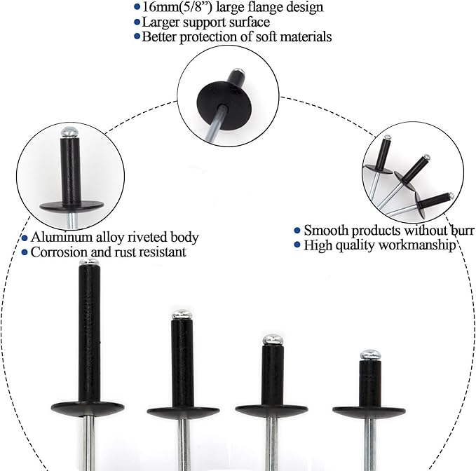 60pcs Black Large Flange Blind Rivets, Aluminum,Flange Diameter 5/8" (16 mm),Pop Rivets Assortment Kit Blind Rivet,3/16" x 3/4" Inch,Grip Range(13-16mm)