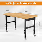 48" Work Bench, Adjustable Height Work Table with Power Outlets and Wheels, 2000 Lbs Capacity Heavy-Duty Hardwood Top Workstation for Garage, Workshop, Office, Home