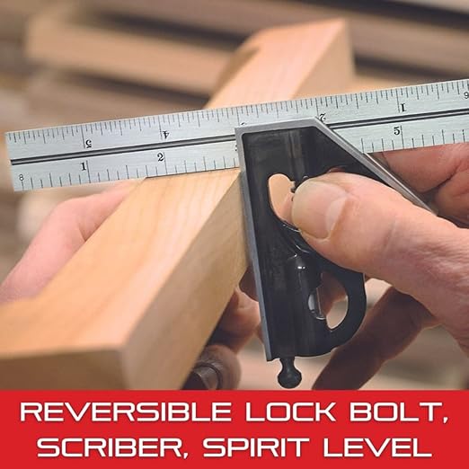 Starrett Steel Combination Square with Square Head and Center Head - 6" Blade Length, Forged and Hardened Steel Heads, Reversible Lock Bolt, Scriber, 4R Graduation Type - C33HC-6-4R