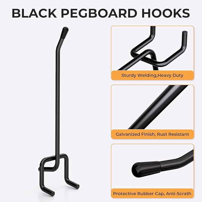INCLY 120 Pack Black Pegboard Hooks, 4/6/8 Inch Peg Board Shelving Hooks Accessories, Peg Board Tool Hangers Fit for 1/8“ and 1/4" Pegboard Hanging Tools for Garage, Craft Room, Kitchen, Store