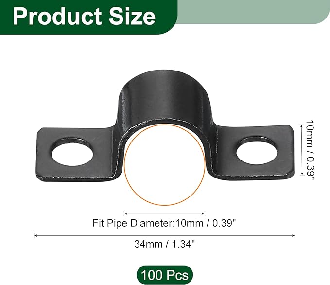 uxcell 100Pcs U-Shaped Pipe Clamp, 3/8 Inch(10mm) 2 Hole U-Tube Strap Clamp Heavy Duty Connector Bracket for Conduit Cables Wire Cord, Black