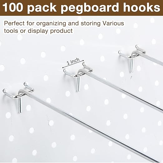 Shimeyao 100 Pcs Peg Board Shelving Hooks Stainless Steel Hanging Board Pegs Wall Display Hooks Bulk for 1/8 1/4 Garage Storage Organizer Accessories(12 Inch,Silver)