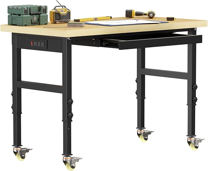 48" Adjustable Workbench, Work Bench Table with Wheels and Power Outlet, Rolling Workbench with Drawers, Large Load Capacity Garage Workbench for Workshop,Office,Home