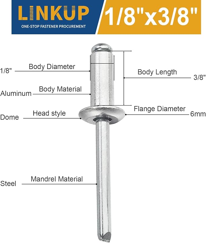 Linkup 360pcs pack 1/8" x 3/8" Pop blind Rivets, 3.2mm x 10mm pop rivets,Aluminum Body Steel Mandrel Rivets (Silver),Dome Head aluminum rivets