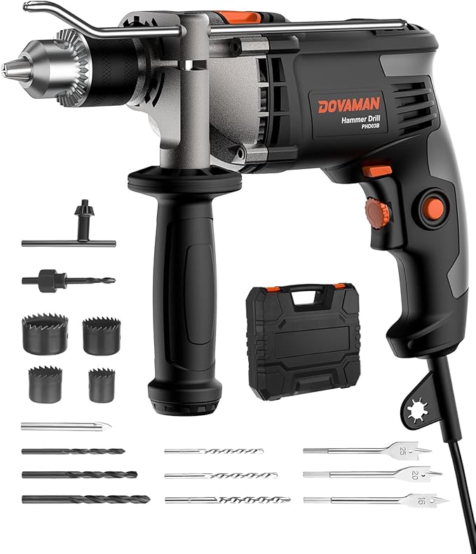 PHD03B 7.5A Corded Hammer Drill, 1/2'' Impact Drill with Variable Speed 0–3000RPM, Metal Chuck, 2 Modes for Concrete, Wood, Metal – Includes Bits & Carrying Case
