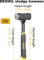 2lb Sledge Hammer - Heavy Duty Forged Forged One Piece Steel Construction with Fiberglass Handle, Perfect for Demolition, Construction, and Driving Stakes