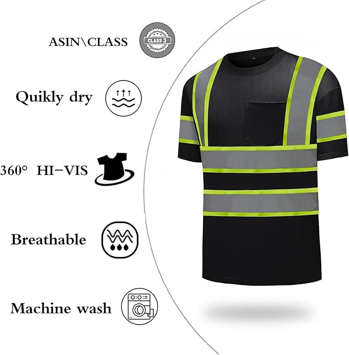 High Visibility Shirts Quick Dry Safety T Shirts with Reflective Strips and Pocket Short Sleeve Mesh Hi Vis Construction Work Class 2 Shirt for Men/Women Black,Small