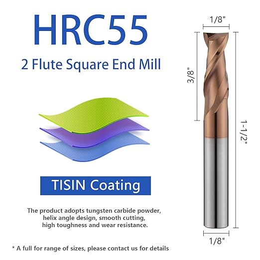 2 Flute 1/8" Carbide Square End Mill 5PCS Micrograin Milling Bits Sets TISIN Coating CNC Router Bit for Steel