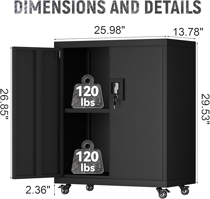 Metal Garage Storage Cabinet with Wheels,31.89" H Steel Lockable Cabinet with 2 Doors and 1 Adjustable Shelf, Small Rolling Cabinets for Home Office, Garage, Black