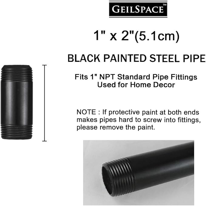 GeilSpace 1" × 2" Pre-Cut Black Metal Pipe, Industrial Steel Fits Standard One Inch Threaded Pipes and Fittings - Vintage DIY Industrial Shelving (1" × 2", Black)