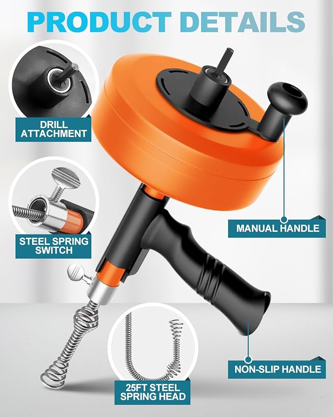 Drain Auger, Plumbing Snake with Drill Adapter, 25 ft Flexible Drain Snake Clog Removal Tool Use Manually or Powered for Kitchen Bathroom Shower Sink, Come with Gloves and Cloth Bag (Orange)