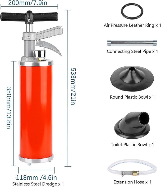 Portable High Pressure Kinetic Toilet Plunger Air Drain Blaster Pump for Bath Toilets Bathroom Shower Kitchen Clogged Pipe (Red)