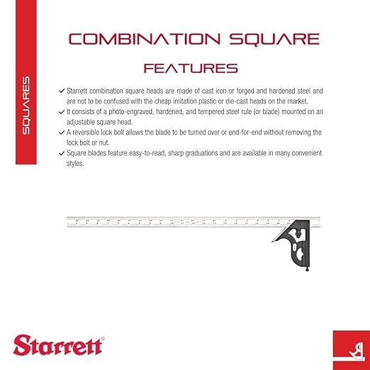 Starrett Steel Combination Square with Square Head - 24" Blade Length, Cast Iron Head, Hardened Steel, Reversible Lock Bolt, Scriber, 4R Graduation Type - C11H-24-4R
