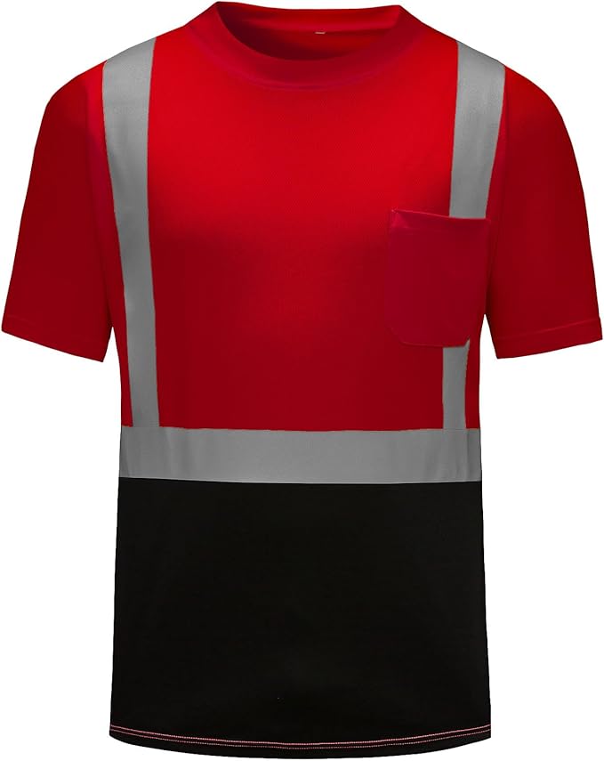High Visibility Shirts Quick Dry Safety T Shirts with Reflective Strips and Pocket Short Sleeve Mesh Hi Vis Construction Work Class 2 Shirt for Men/Women Black Bottom Red,XL