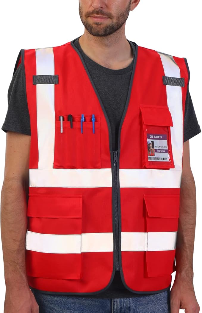 Dib Safety Reflective Vest High Visibility with Pockets and Zipper, Red 3XL