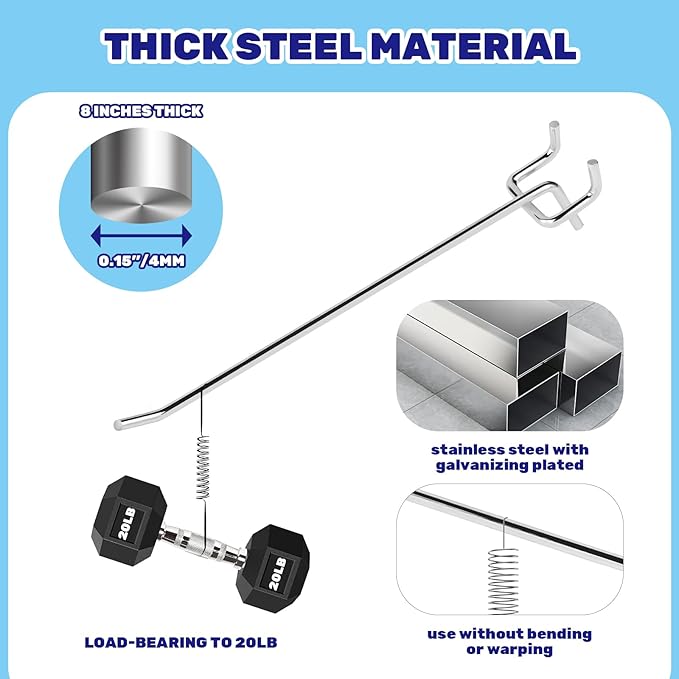 40Pcs 8" /200mm Stainless Steel Pegboard Display Hooks Bulk Set, Silver Garage Organization Peg Wall Hook Metal Slatwall Panel Hook Fit 1/8 and 1/4 Inch Pegboard for Retail