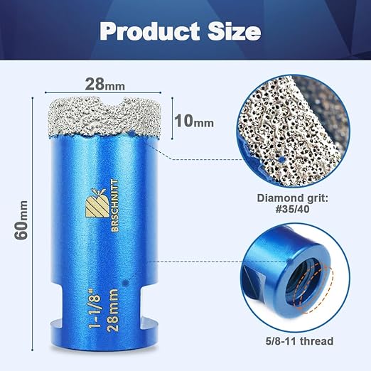1-1/8 Inch Diamond Core Drill Bit for Porcelain Tile Ceramic Marble Granite Drilling,BRSCHNITT 2pcs Vacuum Brazed Diamond Hole Saw with 5/8-11 Thread (28mm 2pcs)