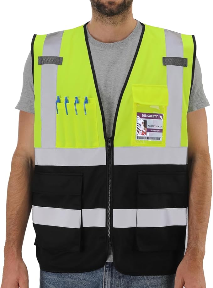 Dib Safety Reflective Vest High Visibility with Pockets and Zipper, Yellow and Black L