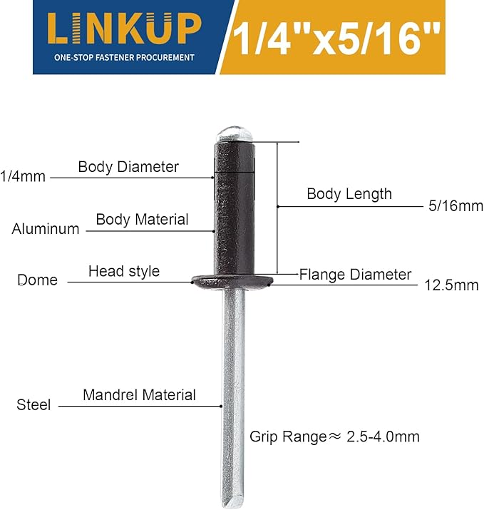 Linkup 75pcs pack 1/4" x 5/16" Black pop blind Rivets, 6.4mm x 8mm Black pop rivets,Aluminum Body Steel Mandrel Rivets (Black),Dome Head aluminum rivets
