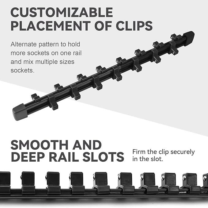 ALOANES 9 PC ABS Socket Organizer, 3/8 inch, Drive Socket Rail Holders, Heavy Duty Socket Racks, Black Rails with Black Clips