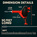 50 FT Drain Snake Hair Drain Clog Remover, Manual Or Powered, Plumbing Snake With Drill Adapte,Unclog Sink Drain Tool, Drain Auger for Toilet、Shower、Kitchen、Sink, No Auto Retract Or Feed, Red
