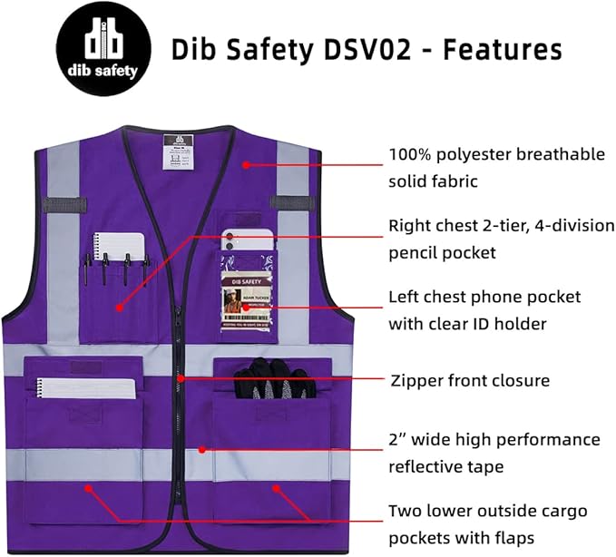 Dib Safety Reflective Vest High Visibility with Pockets and Zipper, Purple 3XL
