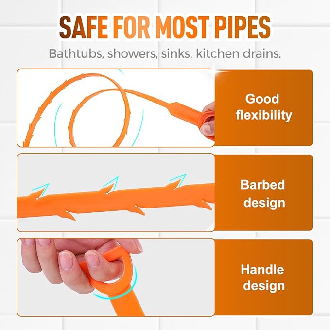 5 Pack 25 Inch Drain Snake, 2025 New Clog Remover, Flexible Hair Removal Tool for Bathroom and Kitchen, Durable Pipe Cleaning Tool for Homeowners (10 Pack)