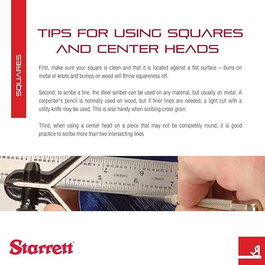 Starrett Steel Combination Square with Square Head - 11-3/4" Blade Length, Forged and Hardened Steel Heads, Reversible Lock Bolt, 36 Graduation Type - C33MEH-300