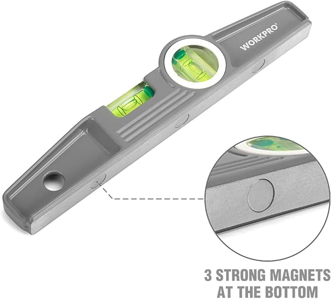 WORKPRO Torpedo Level, 3-Piece Spirit Level Set, 9"(Magnetic), 16"(Non-magnetic), 24"(Non-magnetic), Bubbles Measuring, Clear, Green.