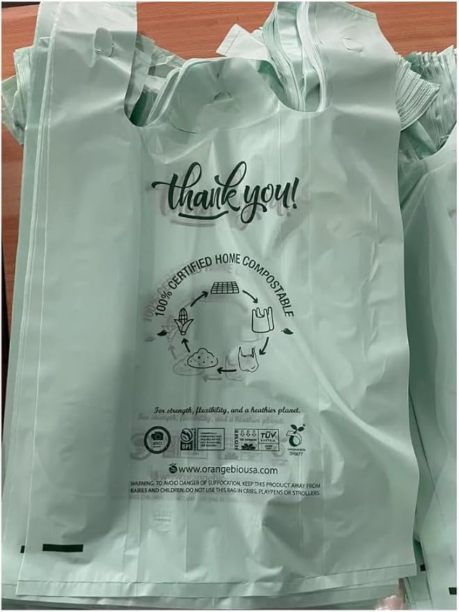 (Extra Large) OrangeBio Certified Home Compostable Shopping Bags, 500 Ct, 12" x 6" x 23", Hold 30 lbs, Thank You/Grocery/Take Out/T Shirt/To-Go Bags for Retail, Grocery Store