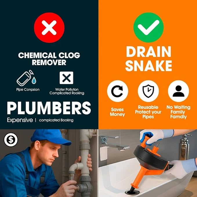 50 FT Drain Snake Hair Drain Clog Remover, Manual Or Powered, Plumbing Snake With Drill Adapte,Unclog Sink Drain Tool, Drain Auger for Toilet、Shower、Kitchen、Sink, No Auto Retract Or Feed, Orange