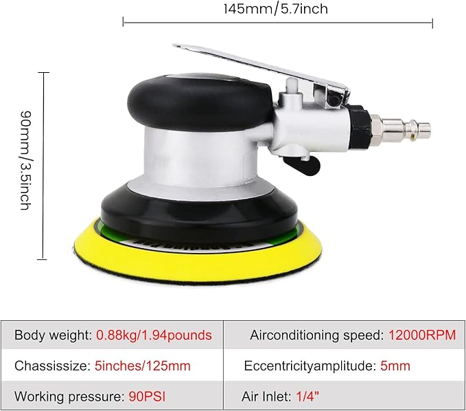 5 inch Pneumatic Orbital Sander, Air Sander with Hook and Loop Sanding Pad for Woodworking, Autobody Work(Silver)