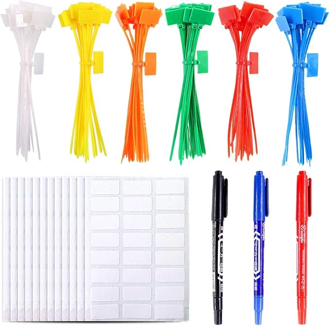 Glarks 150-Pieces 6 Colors 6 Inch Nylon Cable Marker Ties Self-locking Cord Tags Write on Ethernet Label Wire Straps with 3 Marker Pens and 288pcs White Cable Labels for Home and Office Use