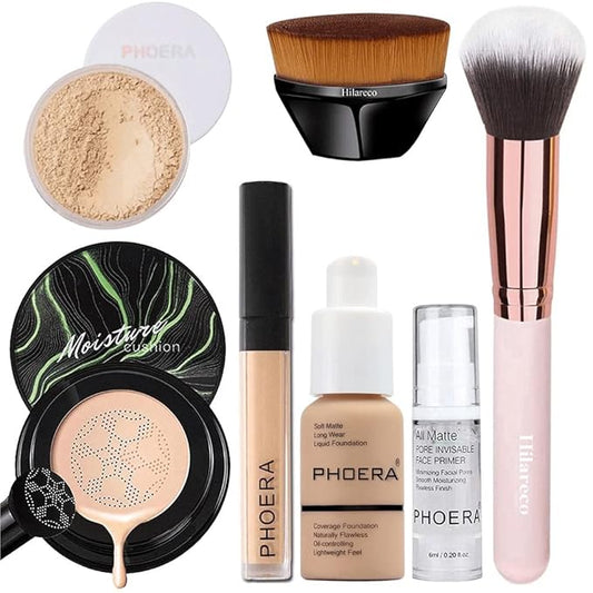 PHOERA Foundation Full Coverage Makeup, Mushroom Head Air Cushion CC Cream Natural Foundation Set,PHOERA Concealer, PHOERA Primer, PHOERA Powder, Foundation Brushes (104 Buff Beige+ 04 Buff Beige CC)-VeraVaultWomen