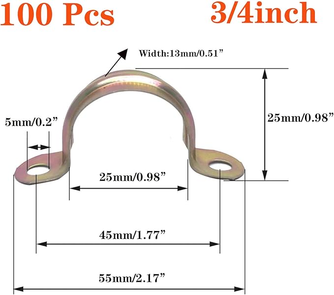 100 Pcs 3/4inch Rigid Pipe Strap,Two Hole Strap U Bracket Iron, Widened Tube Strap Tension Clip Assortment Kit Heavy Duty Pipe Clamp（25mm）