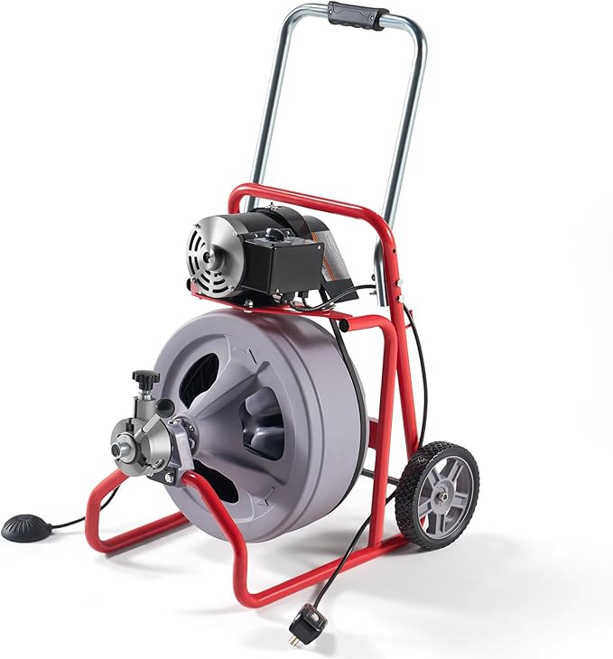 Albott 100 FT x 3/8 inch Electric Drain Cleaner Machine with Auto-Feed & 9 Cutters, Sewer Snake Auger for 1–4 Inch Pipes, Foot Switch & Wheels, Ideal for Home & Commercial Use, Grey/Red