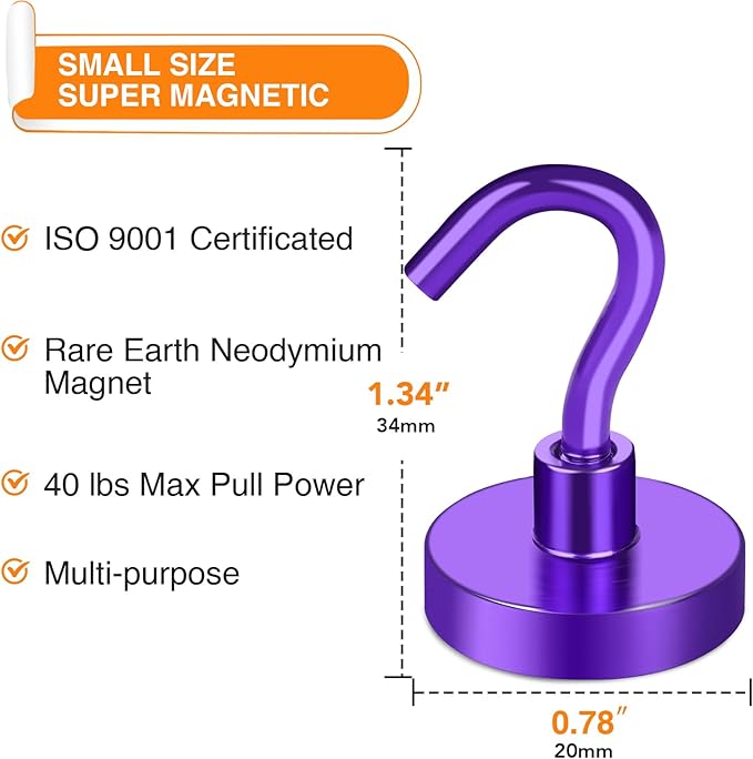 MIKEDE Magnetic Hooks, 40Lbs+ Heavy Duty Magnet Hooks for Cruise Cabins, Super Neodymium Hanging Hooks Strong Magnets with Hook for Fridge, Magnetic Hanger for Grill, Toolbox, Storage(Purple, 10 Pack)
