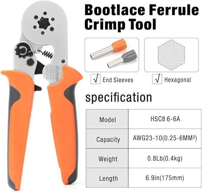 iCrimp Hexagonal Ratchet Crimper for End Sleeves and Ferrules 0.25-6mm² AWG 23-10, Wire Ferrule Crimping Tool (HSC8 6-6)