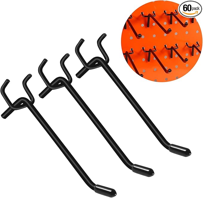 60PCS Black Pegboard Hooks, Pegboard Wall Hook Heavy Duty PegBoard Shelving Hook Fit 1/4" PegBoard Metal Hanging Pegboard Display Hook Holder Organizer for Wall Kitchen Store (6 Inch-60Pack)