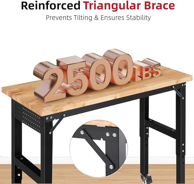 Workbench for Garage Adjustable Height 60 x 22 Inch Work Table with Wheels Heavy Duty Rubberwood Tabletop Workbench with Pegboard, Power Outlets for Woodworking Shop, Home, Office