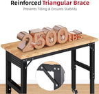 Workbench for Garage Adjustable Height 60 x 22 Inch Work Table with Wheels Heavy Duty Rubberwood Tabletop Workbench with Pegboard, Power Outlets for Woodworking Shop, Home, Office