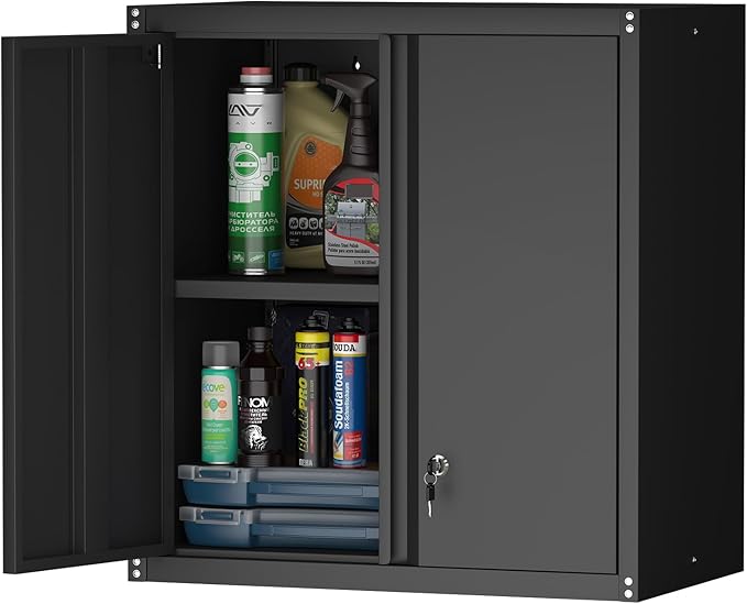 Metal Garage Wall Cabinet, Metal Wall Mounted Storage Cabinets with Lockable Doors and Adjustable Shelves, Floating Tool Cabinet for Garage, Home Office, Kitchen,Black