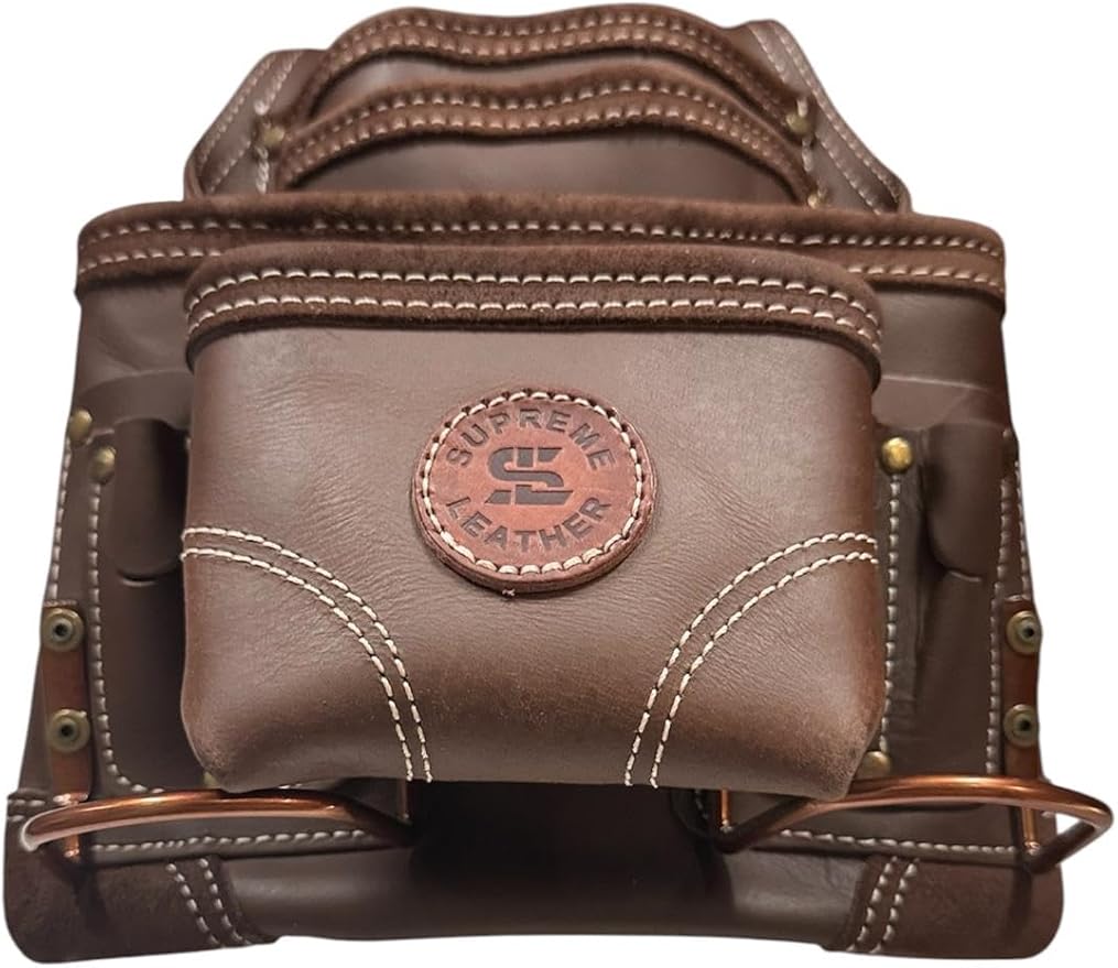 Supreme Leather Tool Pouch for Construction Carpenter Tool Bag Electrician's Pouch | 10 Pockets 2 Stainless Steel Hammer Holders Top Grain Leather Bag