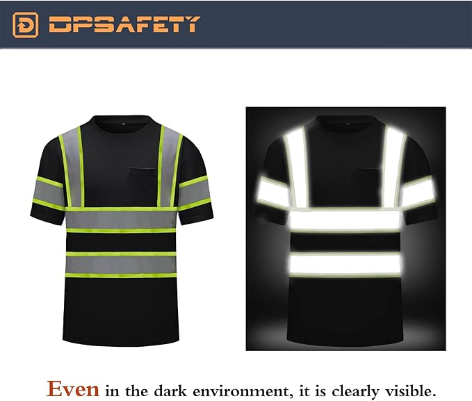 High Visibility Shirts Quick Dry Safety T Shirts with Reflective Strips and Pocket Short Sleeve Mesh Hi Vis Construction Work Class 2 Shirt for Men/Women Black,Medium